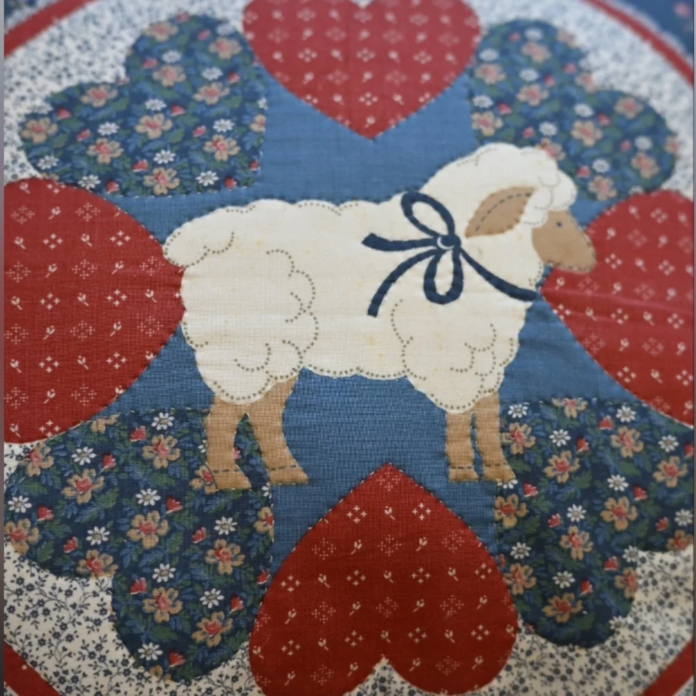 Sheep Lamb Flowers Heart Handcrafted Patch Blue Red White Accent Pillow 14x14
